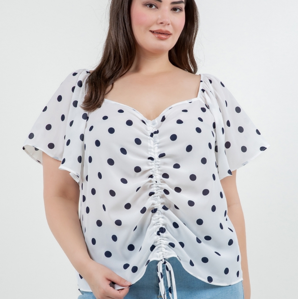 Plus Black & White Polka Dot Woven Short Sleeve Ruched Blouse